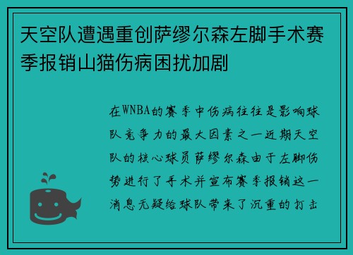 天空队遭遇重创萨缪尔森左脚手术赛季报销山猫伤病困扰加剧